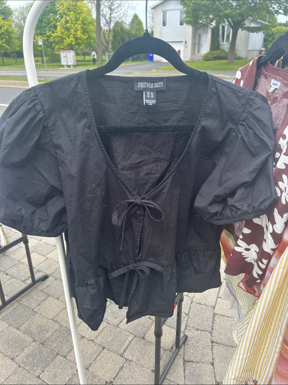 Streetwear Society Black Puff Sleeve Tie-Front Blouse